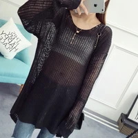 2021 summer new women long sleeve hollow out solid long sweaters casual thin loose pullovers sweater