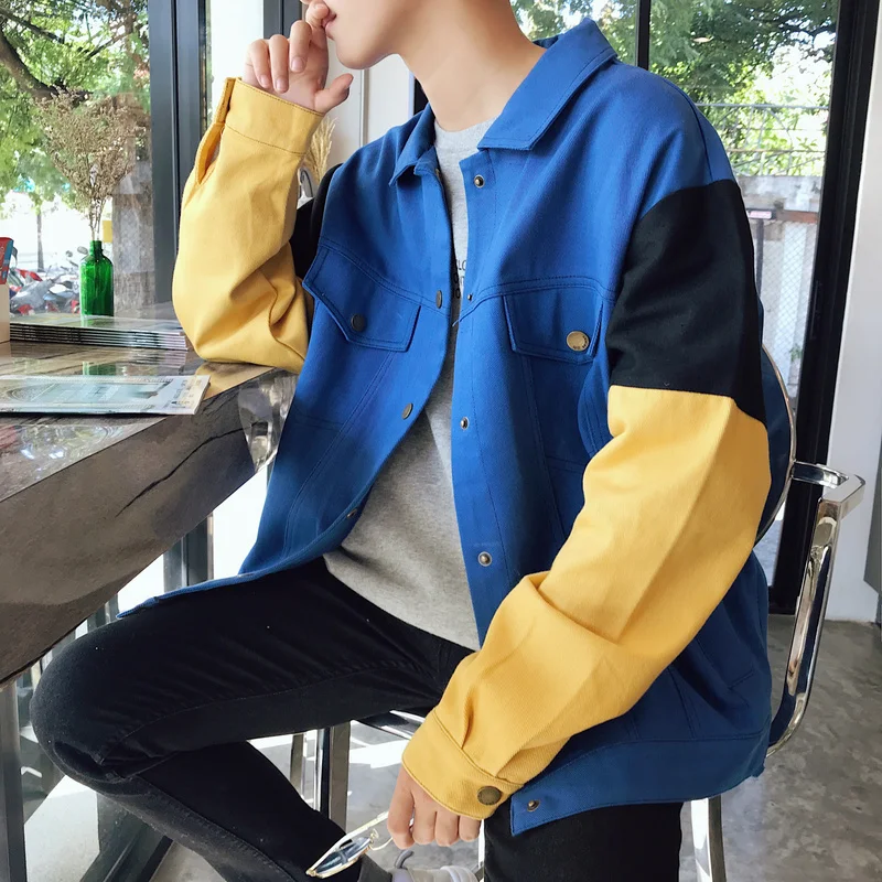 

2020 Spring New Men's Hong Kong Style Color Matching Denim Korean Version of The Trendy Student Casual Wild Jacket Cotton Loose