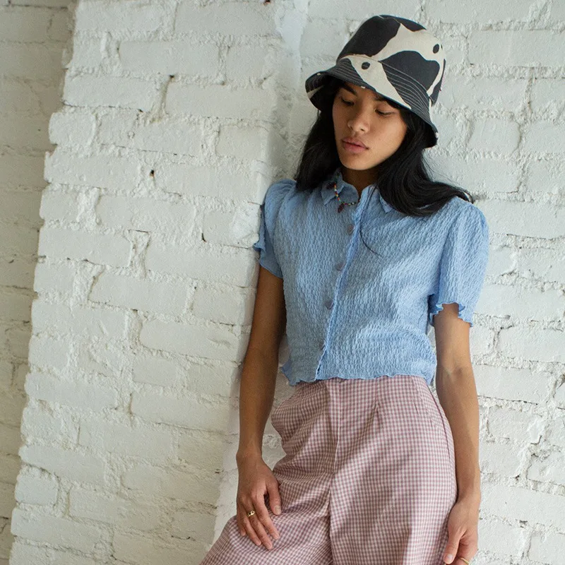 

Fashion Women Slim Summer New Style Solid Color Stand-Up Collar Thin Single-Breasted Cropped Casual Women's Shirt Top