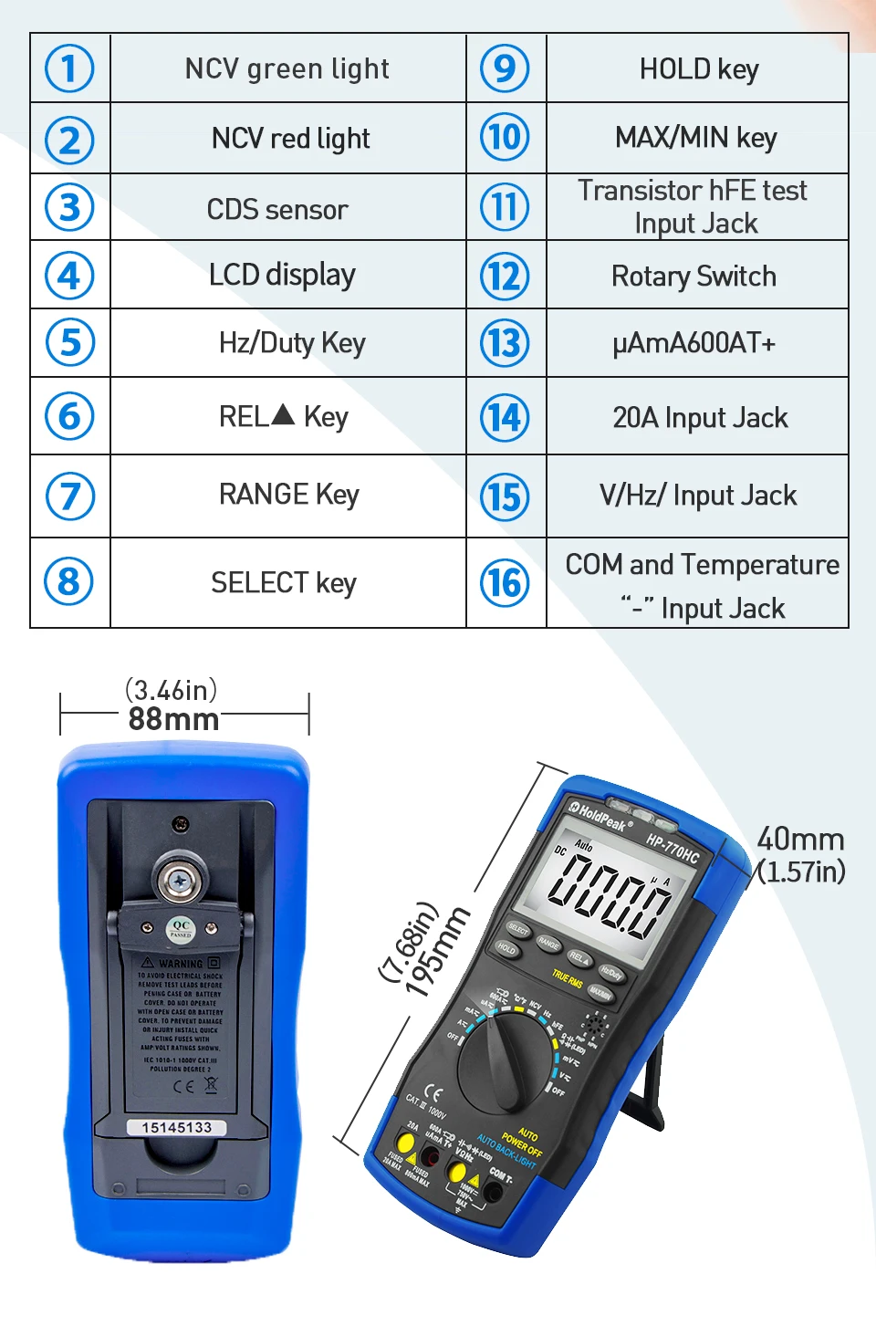 Multimetro HoldPeak HP-770HC True RMS цифровой мультиметр с функцией NCV и тестом температуры/частоты/рабочего цикла