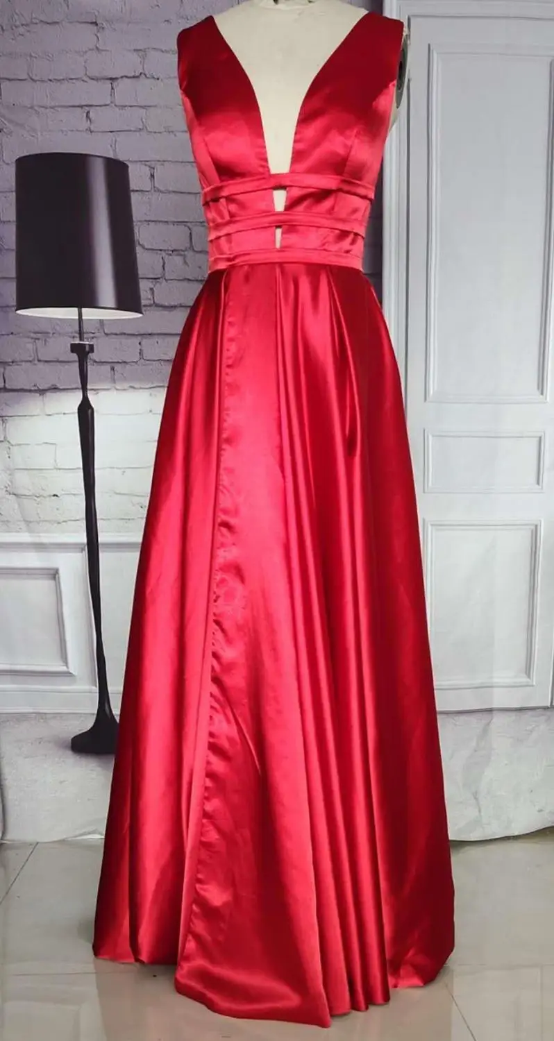 

Соблазнительные атласные длинные красные платья для выпускного вечера с глубоким V-образным вырезом и карманами, вечерние платья с перекре...