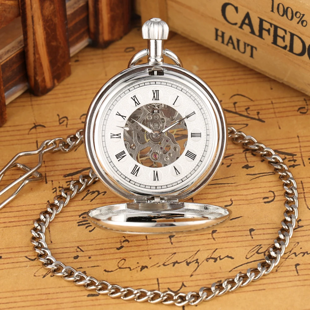 Bronze Silver Phoenix Mechanical Hand Wind Pocket Watch Half Hunter Hollow Skeleton Watch Pendant Fob Chain Clock Hours Gifts