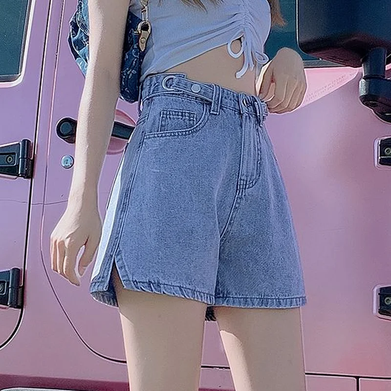 Шорты женские однотонные из денима с завышенной талией универсальные