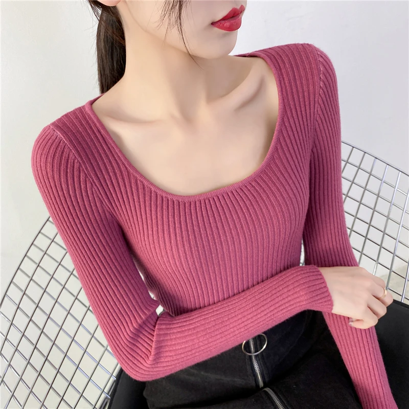 

2021 Winter Thick Sweater Women Knitted Ribbed Pullover Sweater Long Sleeve Square Collar Slim Jumper Soft Warm Pull Femme