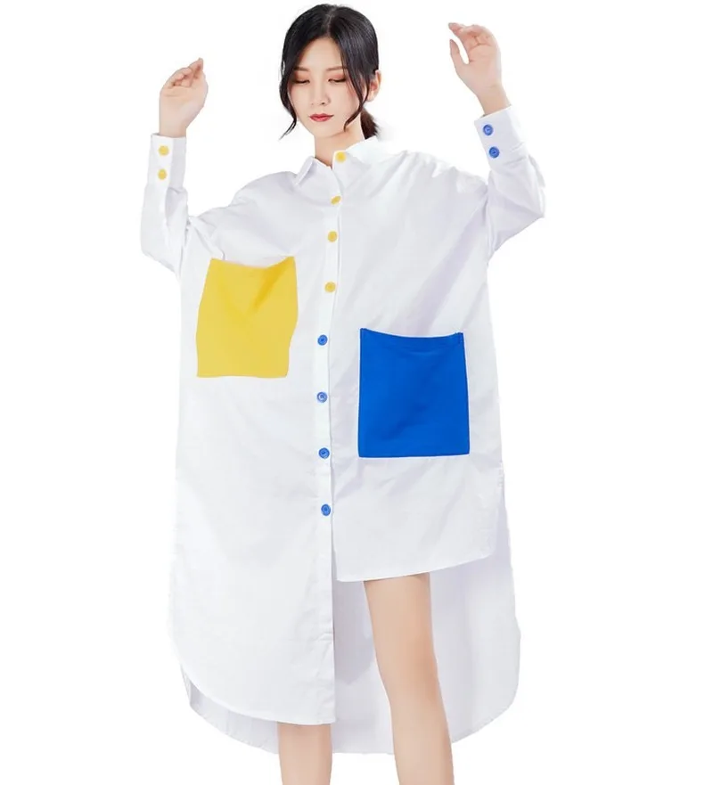 

Blouse 2021 Autumn New Model Contrasting Color Pocket Button Loose Casual Long-Sleeved Shirt Women's Irregular Long Shirt
