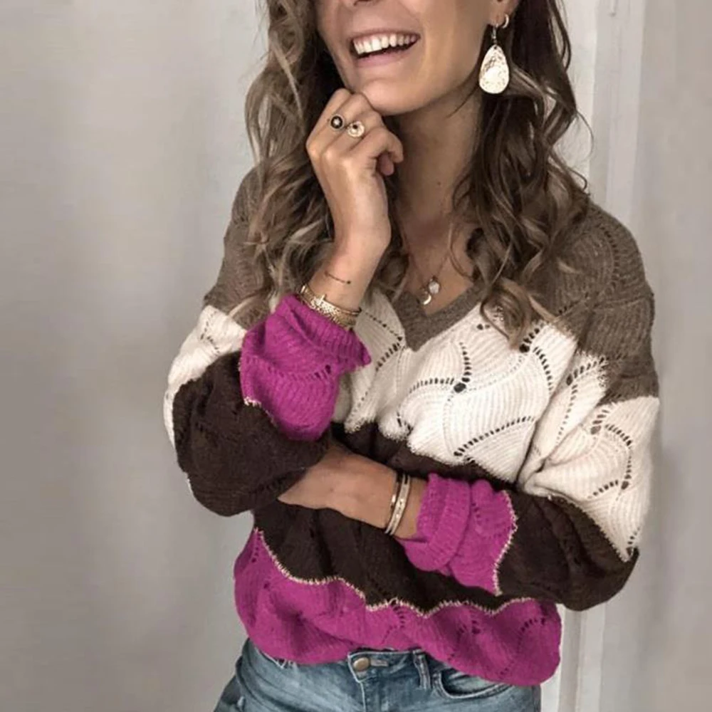 Cysincos Women Knitted Sweater Autumn Winter Sexy V-neck Striped Print Casual Plus Size Long Sleeve Tops Pullover Jumper | Женская