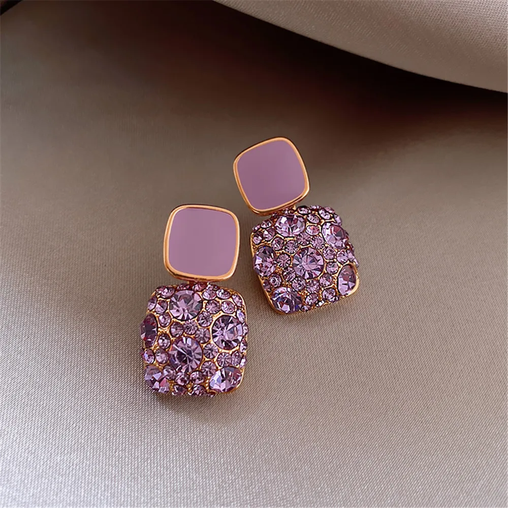 

Korea exquisite fashion purple inlaid zircon ear nails square oil drop earrings female ins cold wind jewelry gift wholesale