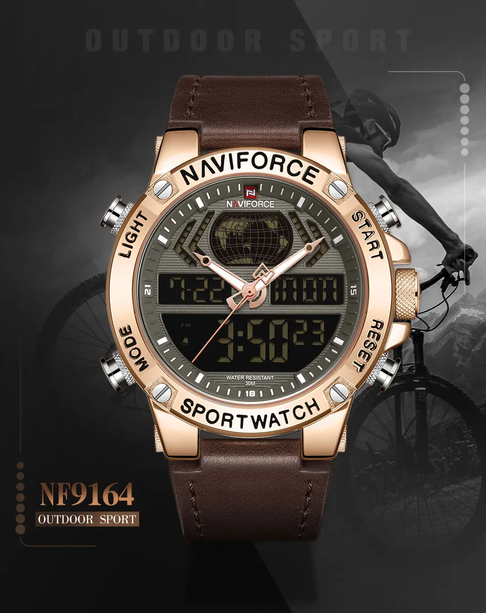 NAVIFORCE мужские часы цифровые спортивные Топ брендовые роскошные мужские наручные часы военные из натуральной кожи светодиодный кварцевые деловые мужские часы 9164