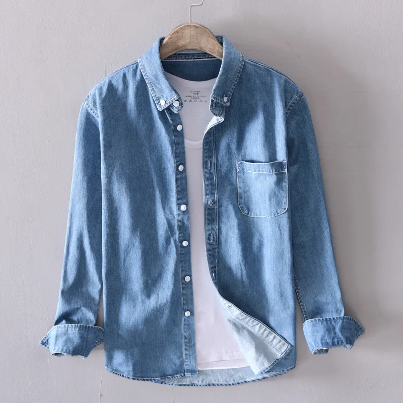 

men's long 2021 sleeve vintage denim shirts with pocket washed blue jean shirts men black pure cotton denim shirt male
