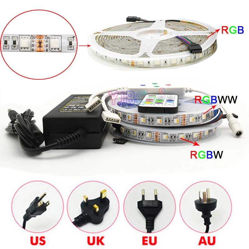 10M RGB/ RGBW/ RGBWW LED Strip Set DC 12V 24V 5050 Flexible 4 in 1 Lamp Tape & Power Adapter & 21keys Music timing Controller