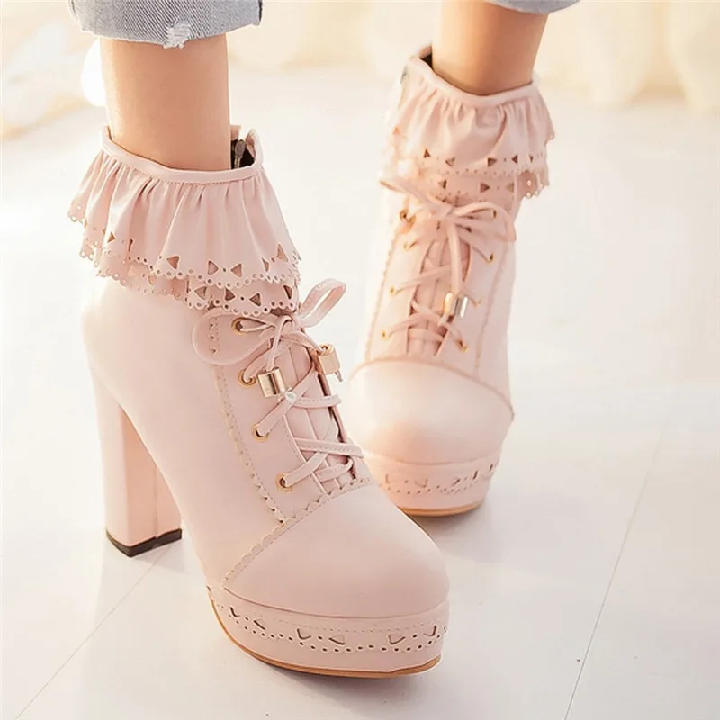 PK Botas Mujer/модные зимние ботильоны в стиле Лолиты на очень высоком каблуке с круглым носком и шнуровкой женские кожаные ботинки в стиле ретро;#5 - Цвет: PK