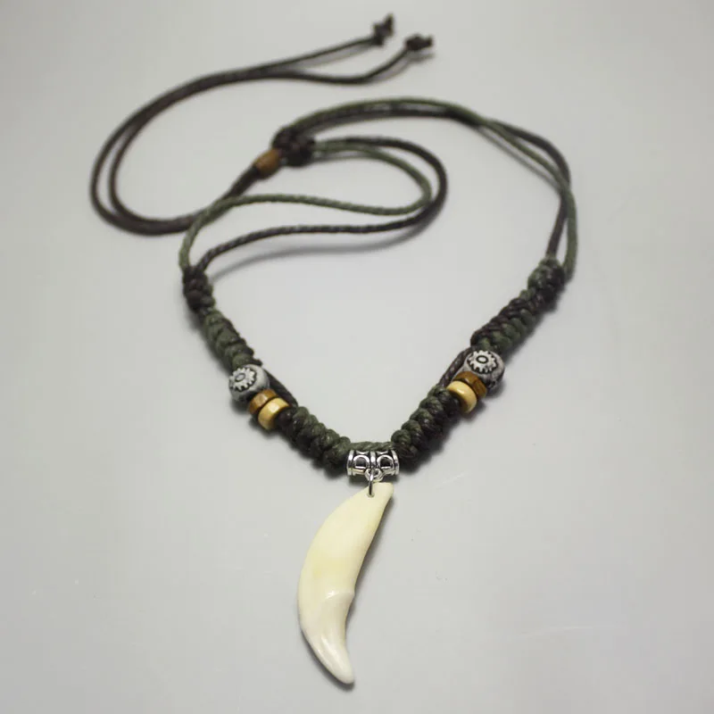 Мужские колье подвеска с волчьим зубом Зеленый &amp кофе веревка реальные зуб