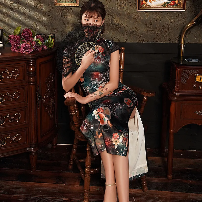 

Handmade Button Cheongsam Elegant Vintage Qipao Summer Print Flower qipao Vestidos Plus Size S-4XL