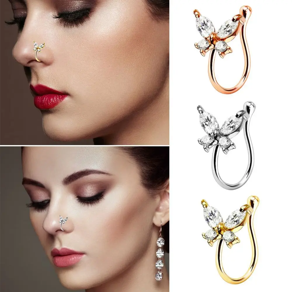 

Мужские и женские ювелирные изделия для тела из сплава с кристаллами в форме бабочки, кольца-обручи для носа без пирсинга, обручи для носа, и...