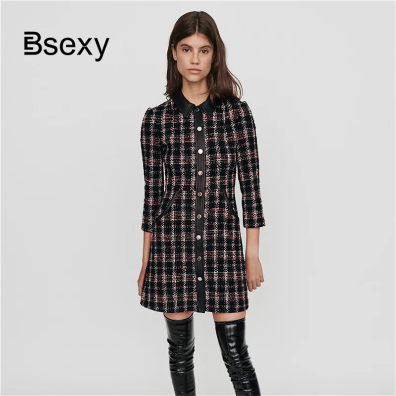Женское клетчатое шерстяное твидовое пальто 2019 Элегантное однобортное длинное с