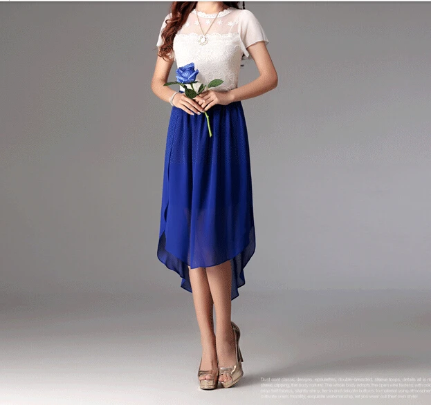 

Free Shipping 2017 Women's Summer Chiffon mid-calf asymmetric longer in the rear Solid Skirt show shin elastic waistband Skirts