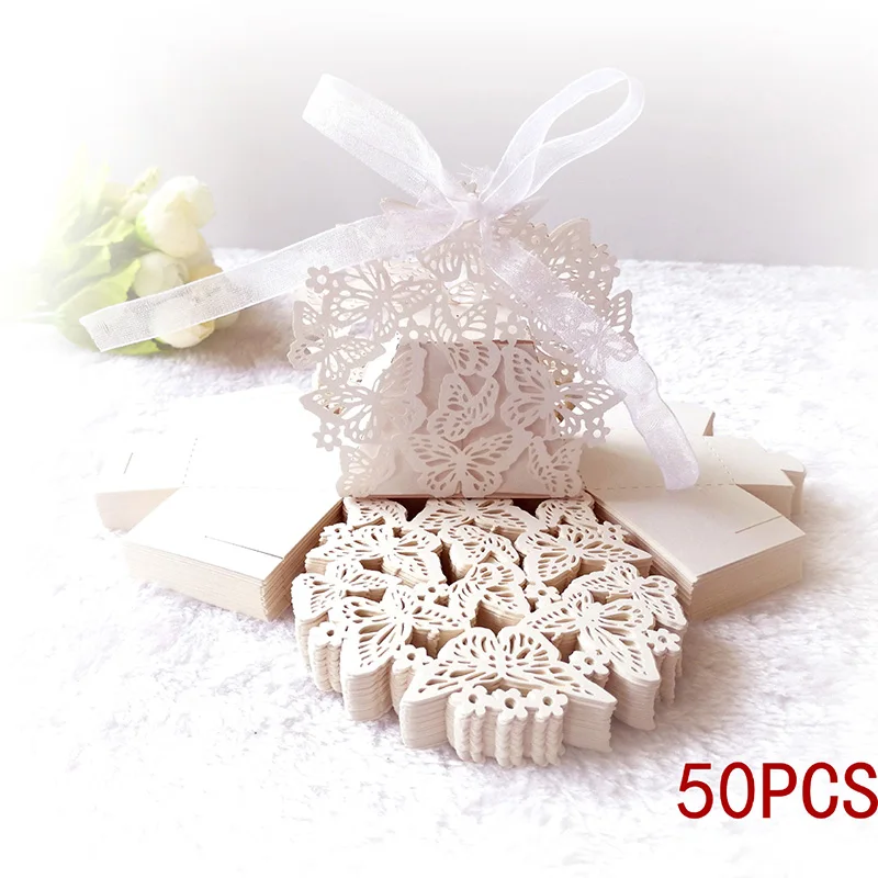 

50pcs Butterfly Laser Cut Hollow Carriage Favor Gifts Candy Boxes With Ribbon Custom Baby Shower Wedding Party Favor Decoration