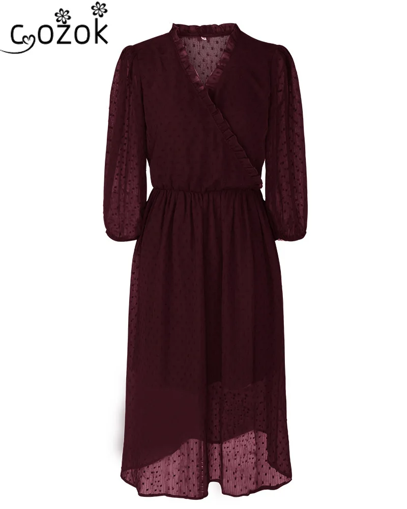 

Summer Dress for Women V-neck Waist Wave Point Hollow Out Dresses Winter Mid-Calf V-Neck Office Lady Chiffon Casual Dresses