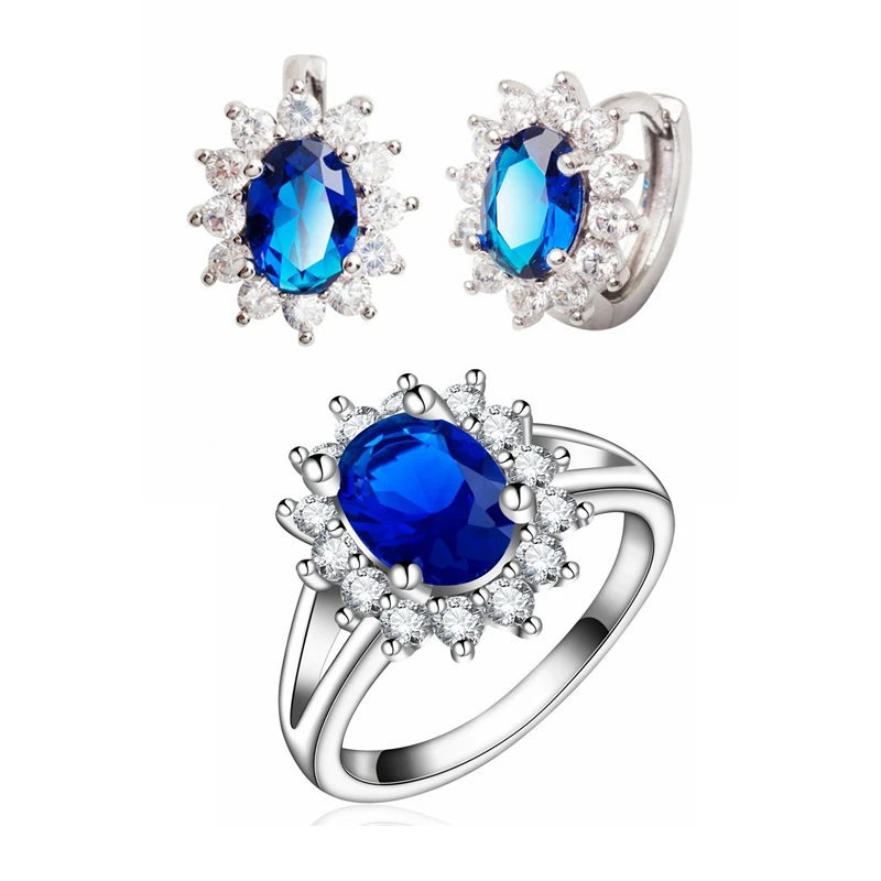 Yunkingdom наборы свадебных ювелирных изделий для женщин, серьги-кольца с синим кубическим цирконием, обручальные кольца из белого золота, кольца LPG3