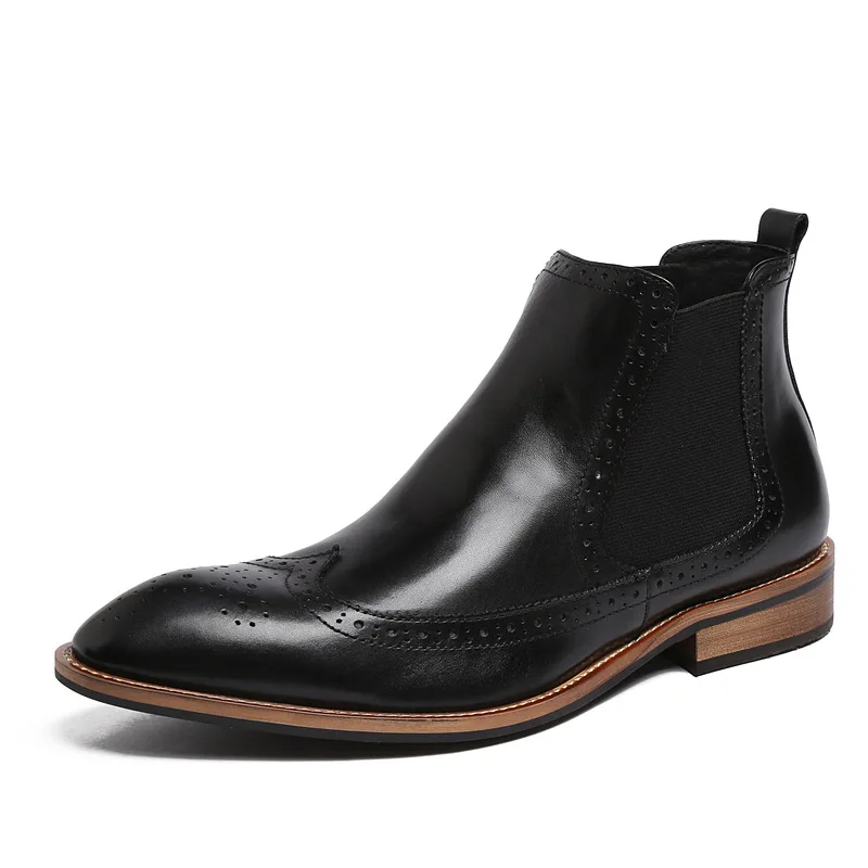 Knight Winter Mens Retro Pointed Toe Slip On Brogue Chelsea Boots Real Leather Business Man Casual Shoes Fashion Footwear | Обувь