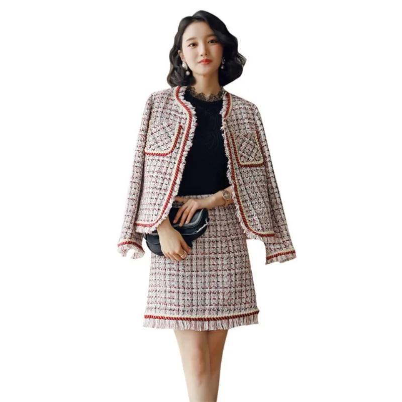 

Autumn Winter Tweed Tassel Casual Fashion Women Mini-Skirt Suits Plaid Pockets Female Streetwear Woman Elegant Two Piece Sets