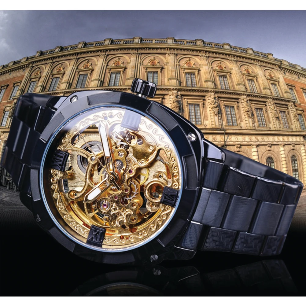 Men Waterproof Automatic Mechanical Watch Fashion Alloy Wristwatch Black Gold Silver Color | Наручные часы