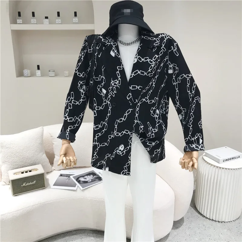 

Women's Spring Summer 2021 Fashion Chain printed double breasted shirt Vintage suit collar design top