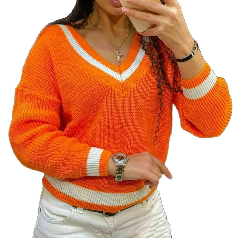 

Sweaters Women Fashion Knitted Pullover Fall Winter Preppy Style Stripe Patchwork V Neck Long Sleeve Loose Jumper Ladies Sweater
