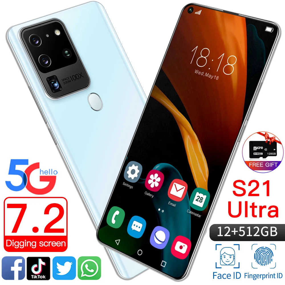 

S21 Ultra смартфон с 5,5-дюймовым дисплеем, четырёхъядерным процессором MT6889, ОЗУ 12 Гб, ПЗУ 7,2 ГБ, 512 мАч, 24 Мп + 48 МП