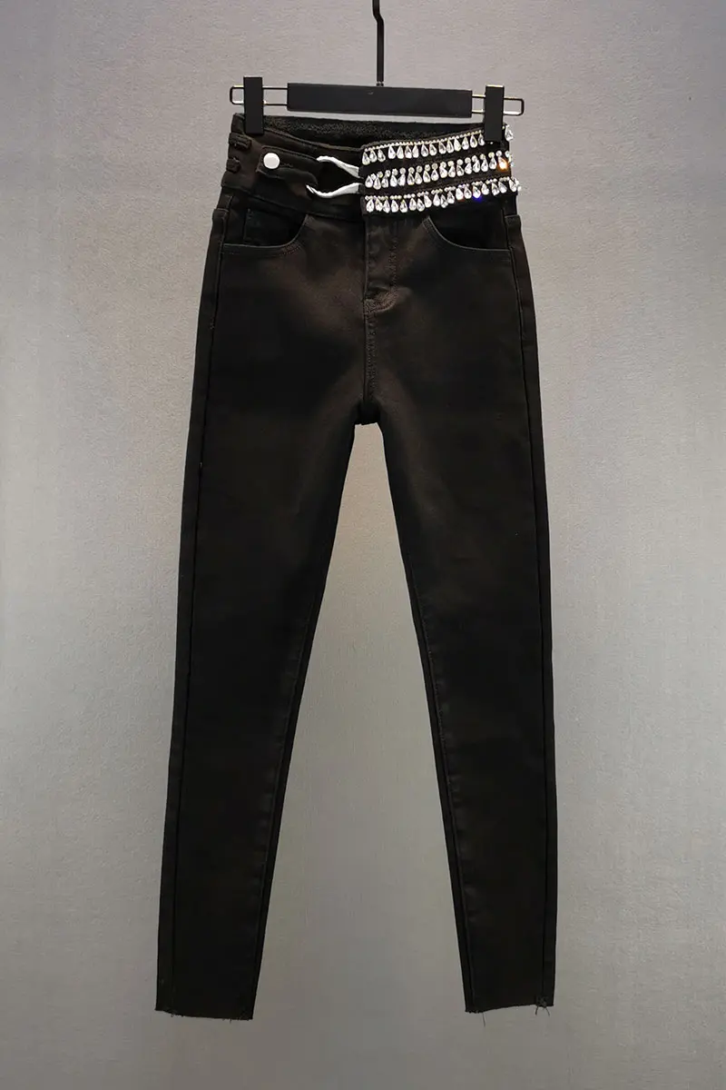 

Black Plus Velvet Thickening Cowboy Pants 2020 Winter New Elastic Slimming High Waist Diamond-Embedded Jeans for Women Trousers