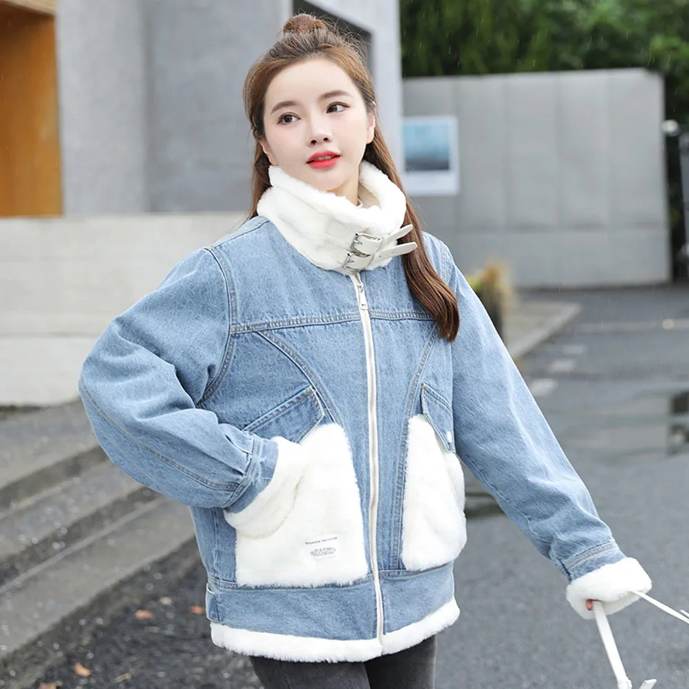 

2021 Autumn Winter Lambswool Lining Female Denim Jacket Fashion Casual Stand-up Collar Women Jean Jackets All-match Outerwear