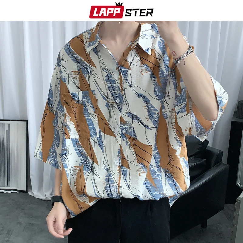 

Рубашка LAPPSTER мужская с принтом, уличная одежда в Корейском стиле, модная Повседневная Блузка в стиле Харадзюку, с рукавом до локтя, в стиле х...