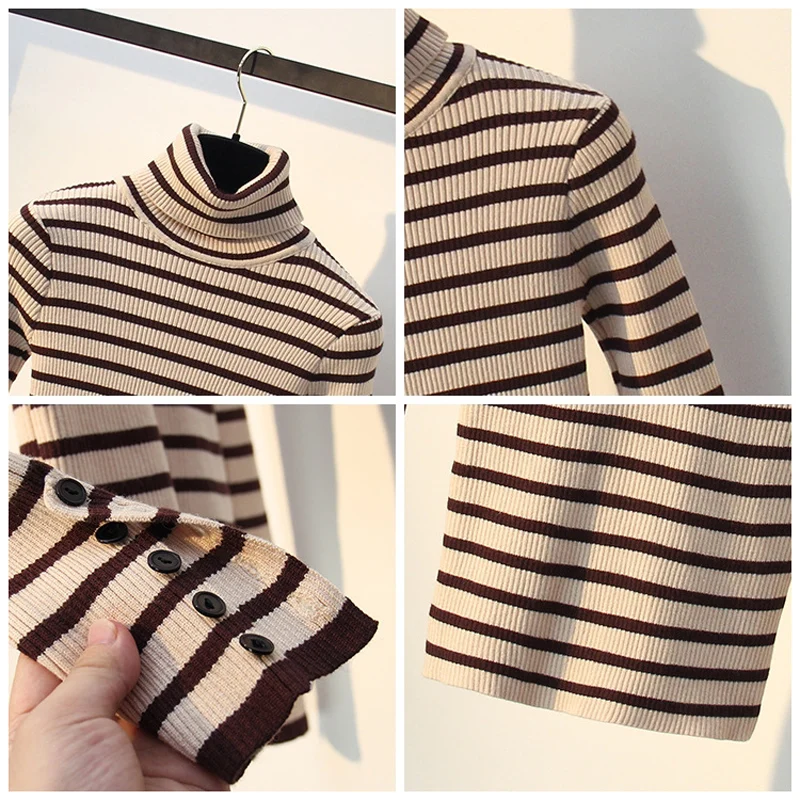 Осень зима новые женские полосатые водолазки, свитера, пуловеры с длинным рукавом на пуговицах шикарные тонкие эластичные трикотажные топы мягкий джемпер