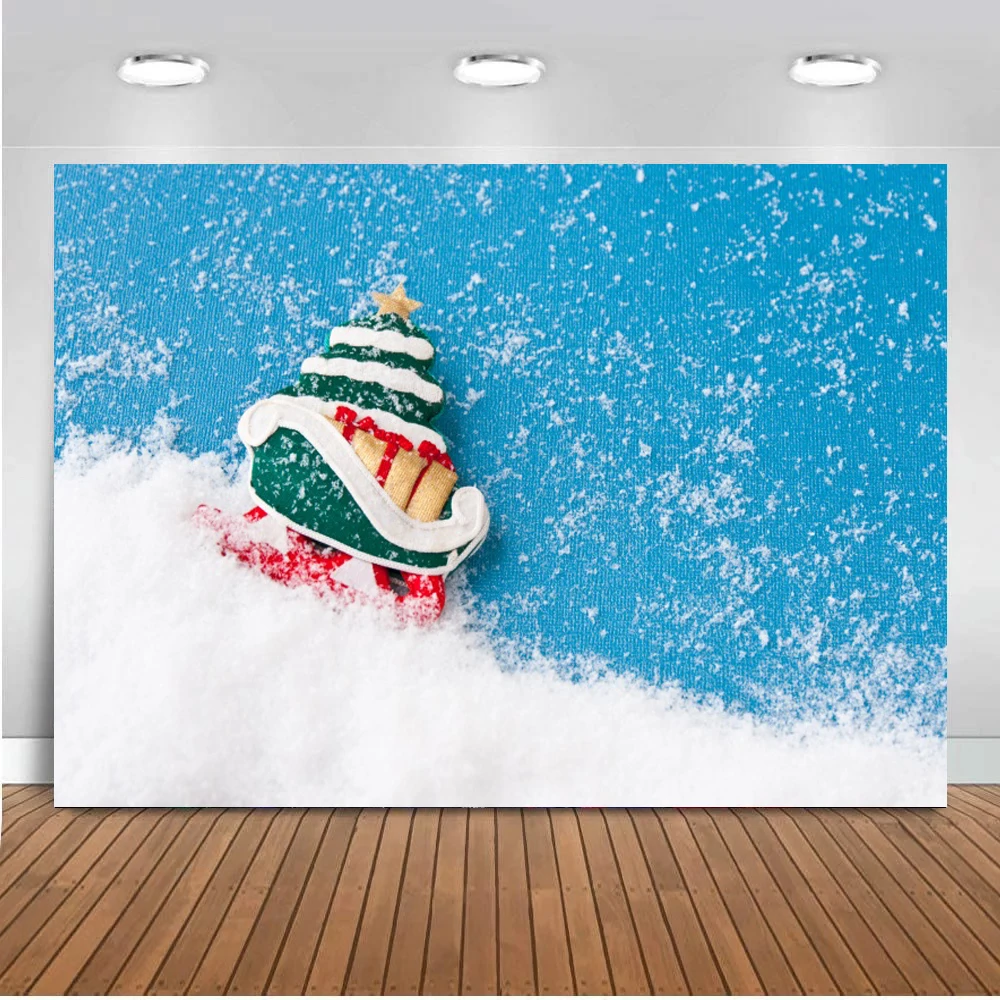 

Фон для студийной фотосъемки новорожденных с изображением белого снега рождественских подарков саней вечеринки