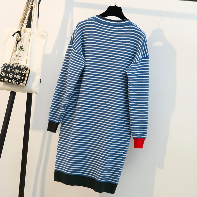 Новая женская одежда большого размера слегка толстый мм полосатый трикотажный