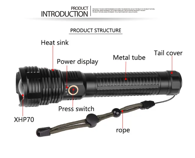 Суперъяркий светодиодный фонарик масштабируемый XHP70 тактическая