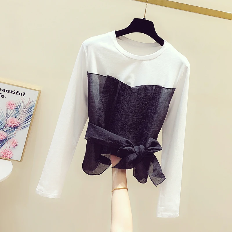 Футболка женская сетчатая составного кроя с коротким рукавом и асимметричным