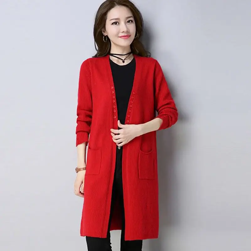 Женский длинный кардиган средней длины с v образным вырезом в Корейском стиле на