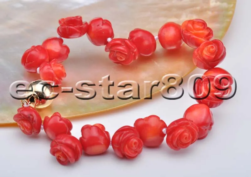 

S2184 handmade 8" 10mm Red Coral Carve Rose Bracelet