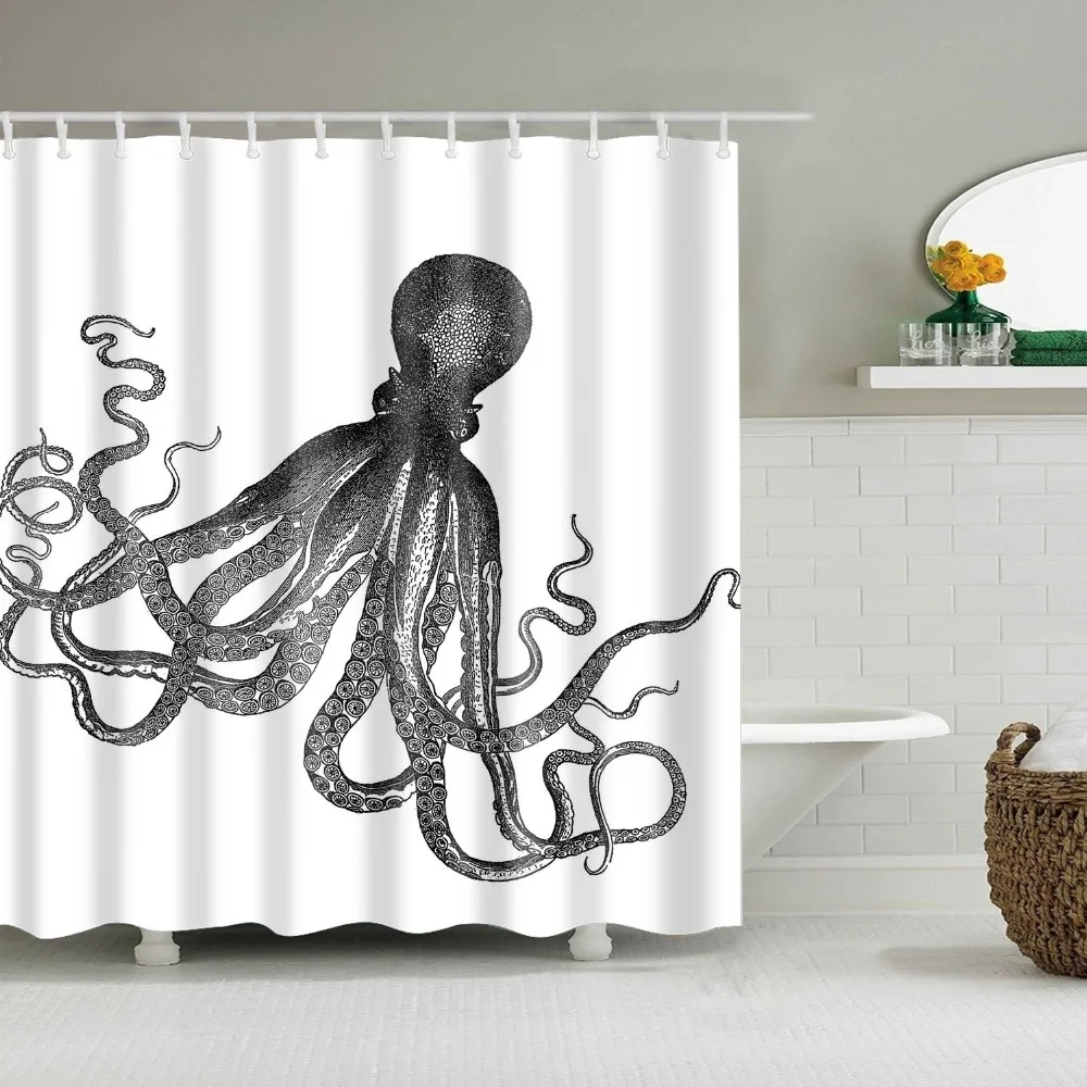 Средиземноморский Стиль море Животные принт осьминога Ванная комната душа Шторы