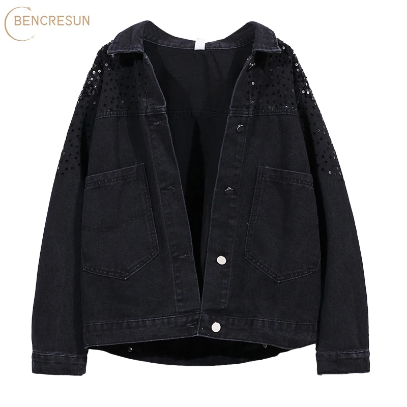 

Autumn Fashion Women’s Denim Jacket Full Sleeve Blue Black Loose Button Sequins Patchwork Coats Lapel Wild Leisure Outwear