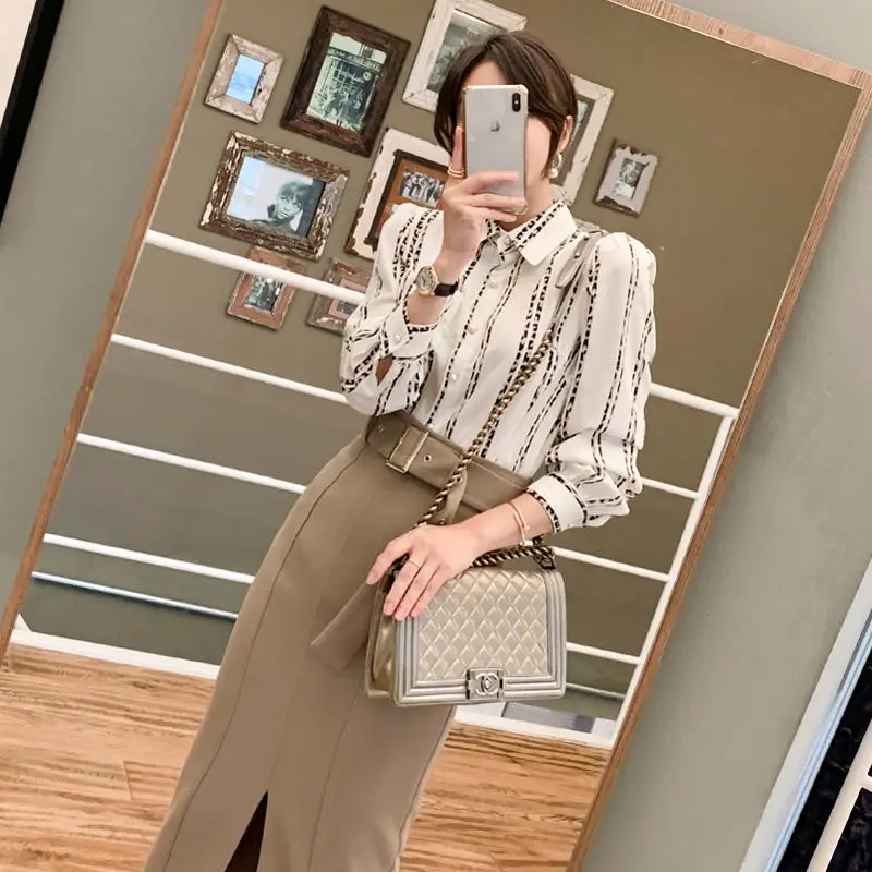 Elegant Korean OL 2 Pieces Set Women Spring Office Weat Striped Shirts Blouse And High Waist Sheath Bodycon Pencil Skirt Suit |