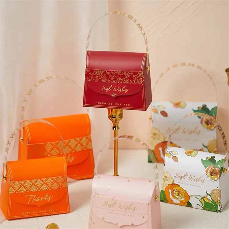 

5/10/20/30pcs Gifts Bags With PVC Handle Best Wishes Floral Handbag Red Pink Cardboard Dragee Box For Wedding Baptism Souvenirs