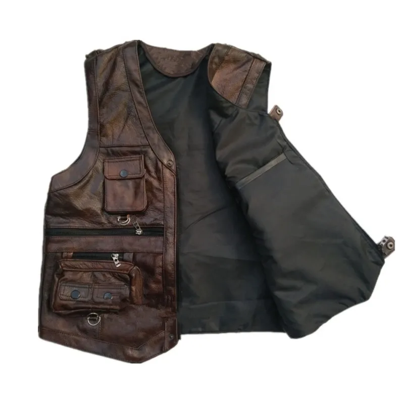 Cowhide Genuine Leather Vest Men Brown Waistcoat Male Sleeveless Jacket Thick High Quality Motorcycle Multi Pocket Zipper | Мужская