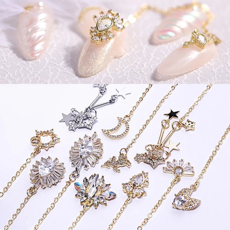 1 Pc Nail Charms Alloy Drill Chains Mixed Shape Ornament Bling Rhinestones Studs Charms 3D Nail Art Decoration Accessories
