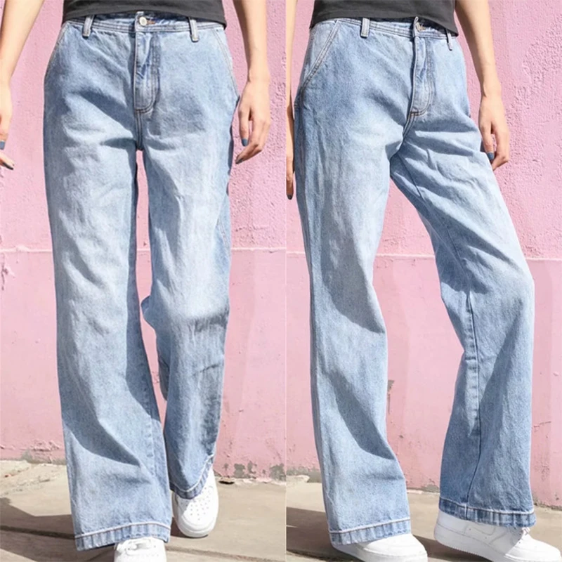 

Fashion Wide-Leg Jean Women Casual High Waist Pocket Straight Pants 2021 Harajuku Button Loose Light Blue Jeans Ropa De Mujer
