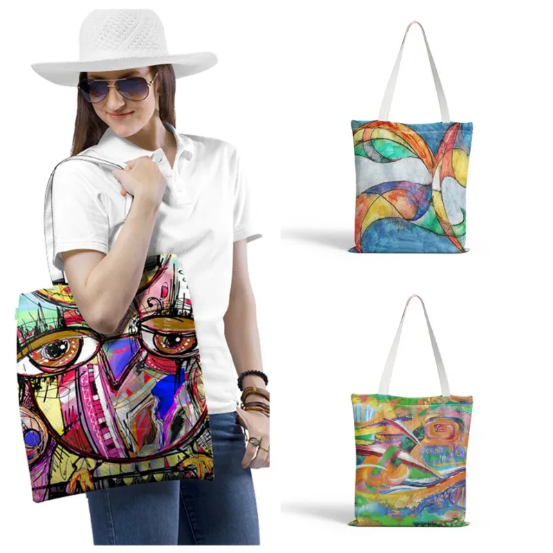 

New Fashion 3D Printing Shopping Bag Creative Graffiti Pattern Ladies Canvas Bag Women Leisure Eco High Quality Foldable Handbag