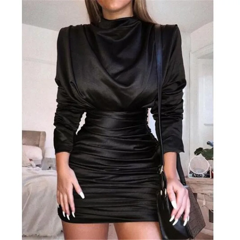 

women Pleated solid color sexy tight-fitting long-sleeved dress mini dress 2020 spring long sleeve high neck party dresses