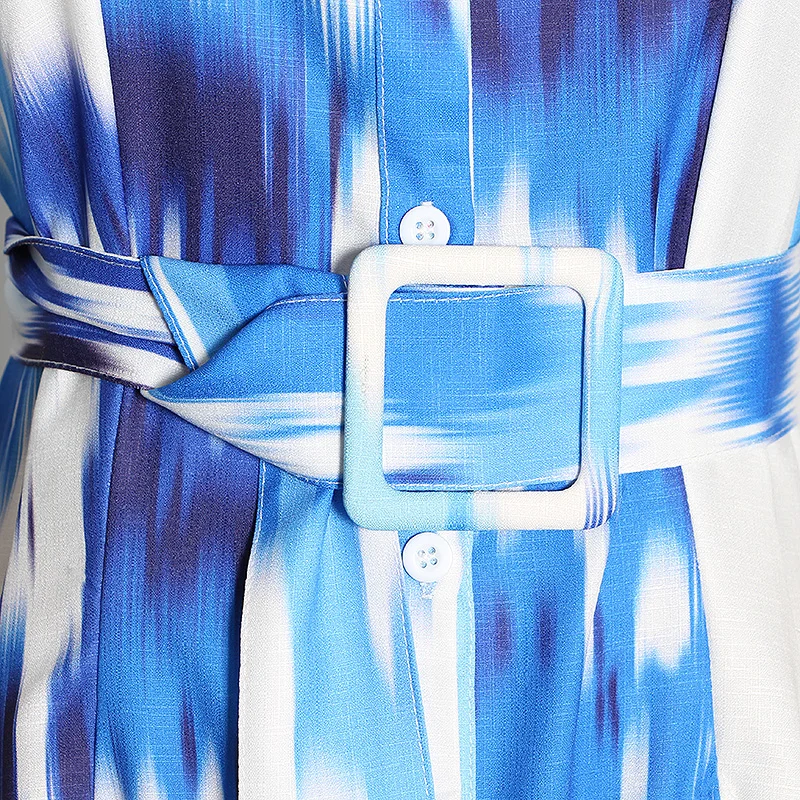 

Elegant Tie-dye Women Dress Lapel Collar Puff Short Sleeve High Waist With Sashes Hit Color Maxi Dresses For Female