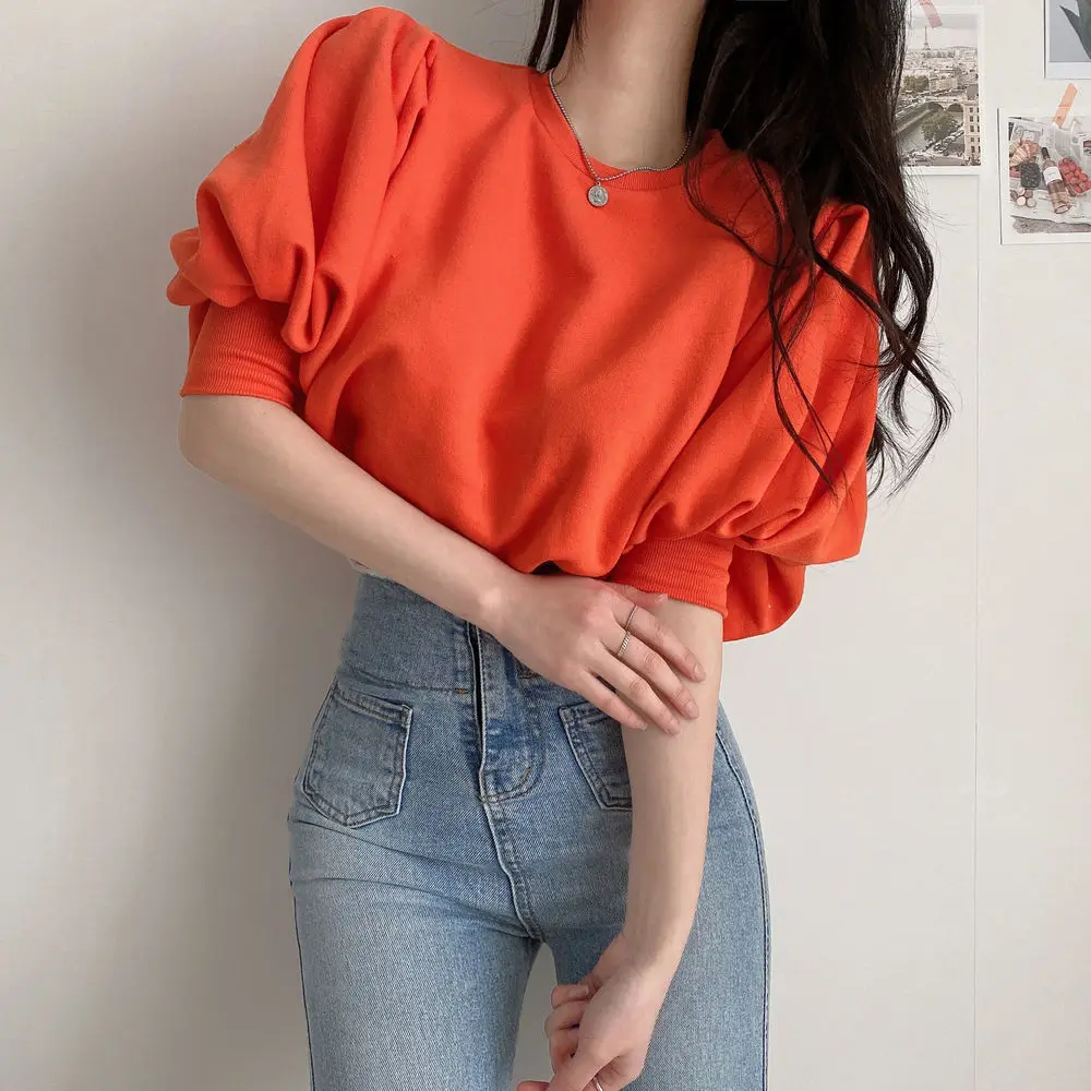 

Summer 2021 new chic retro niche design lantern sleeve T-shirt female short-sleeved fashion top tide COTTON Casual